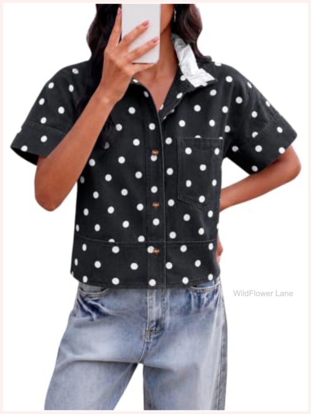 Polka Dot Denim Button Down Shirt Short Sleeve Crop Top Cotton Ruffled Collar